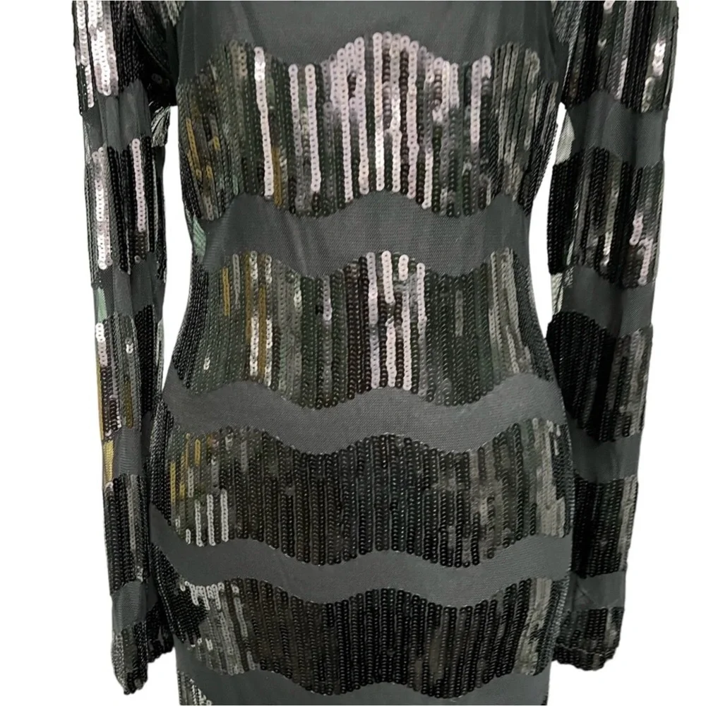 Anthro NANETTE LEPORE Black Wavy Sequin Striped Long Sleeve Dress - Picture 10 of 16